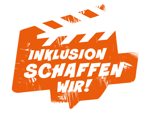 Auf einer gezeichneten roten Filmklappe ist in weiser Schrift zu lesen: "Inklusion Schaffen Wir".